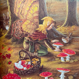 a male fairy with butterfly wings and an elf like cap. Picks red capped mushrooms he is being watched by a small bird and a rabbit. The image is in autumn tones. A visit to fairyland by Shirley barber