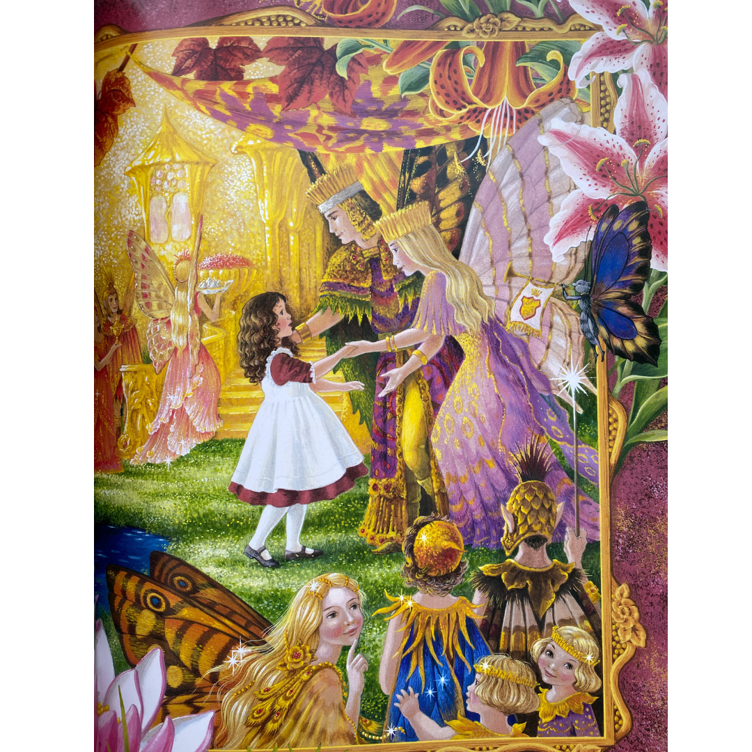 image of a king and queen fairy with golden crowns and purple jewelled robes greeting a young girl in a dress and pinafore with long brown hair. from the enchanted woods by Shirley Barber