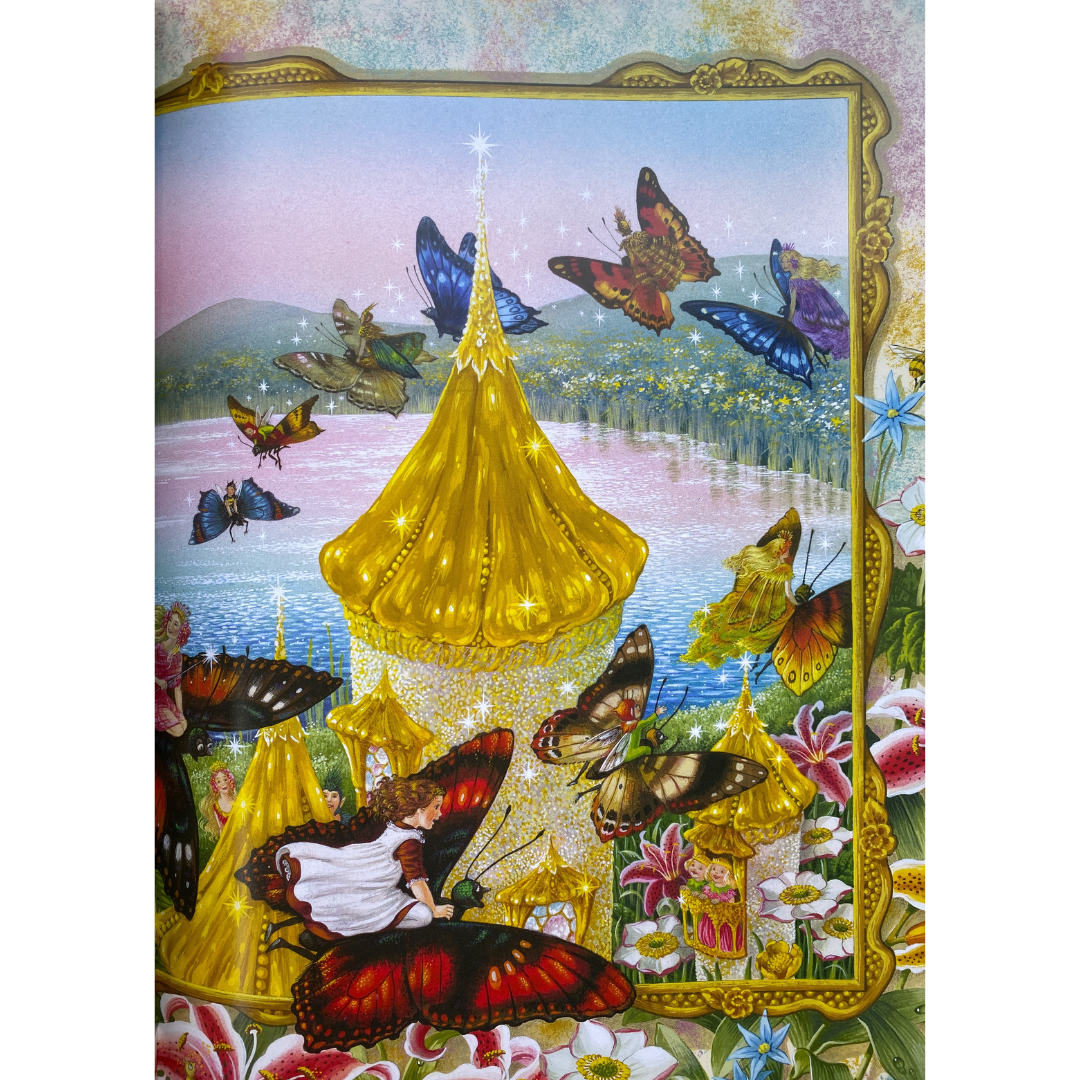 a golden tower looks out over a twinkling lake. A young girl with brown hair a dress and a pinafore is flying a red and black butterfly she is fowling a group of butterflies carrying elves and fairy folk . From the Enchanted woods by Shirley Barber