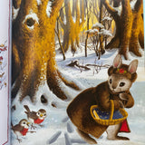 Marths B rabbit is walking through the snow in the woods she is wearing a brown jacket with red lining and a brown hat with a small rose on top. She is carrying a basket. She is talking to two robbins in red waist coats 