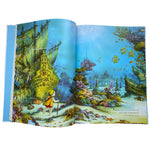 inside double page layout of Mermaid Princess by Shirley Barber.  A young boy is walking with a staff on the ocean floor he is near an old shipwreck and is surrounded by coral and fish. 