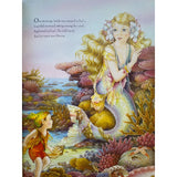 image of a mermaid sitting amongst the coral and a young boy holding a shell from the mermaid princess by Shirley Barber