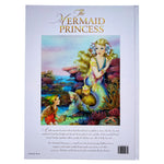 Back cover of the lenticular hardcover edition of the mermaid princess by Shirley barber the image is of a young mermaid sitting amongst the coral near the shore . 